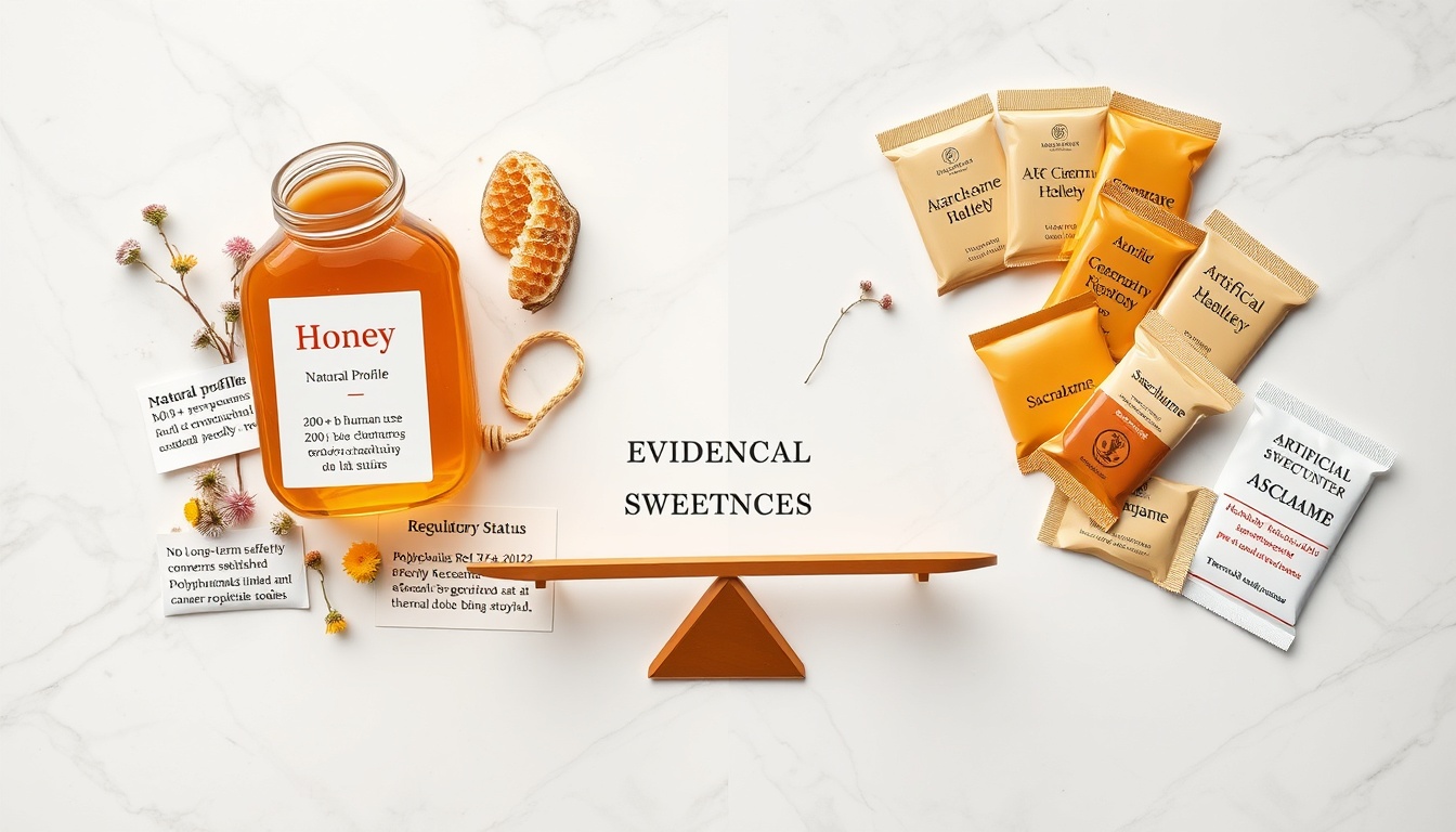 Long-term safety comparison: raw honey with wildflowers and natural history vs artificial sweetener packets with regulatory status cards showing IARC classifications and safety research findings