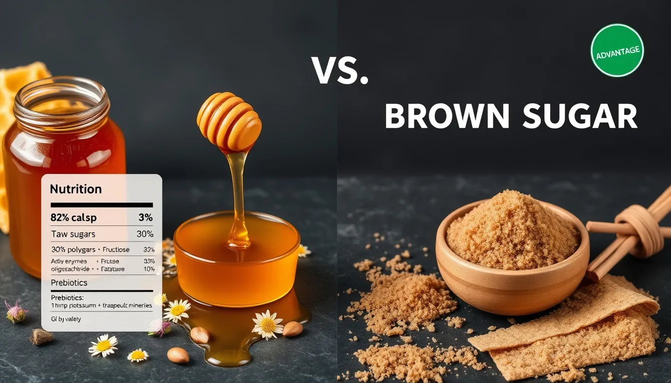 Side-by-side nutrition comparison of wildflower honey jar and brown sugar with sugarcane on dark slate