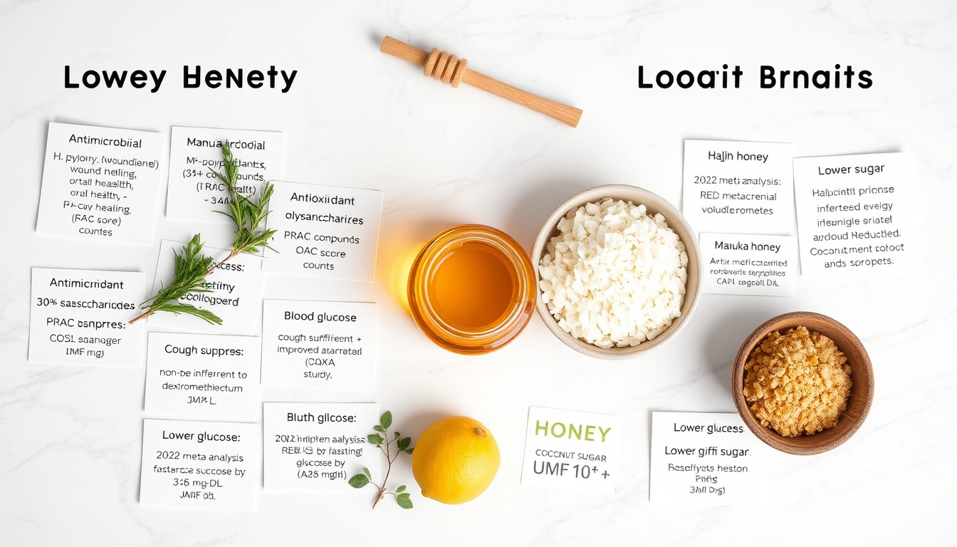 Evidence-based health benefits comparison of raw honey versus coconut sugar with research cards on white marble surface