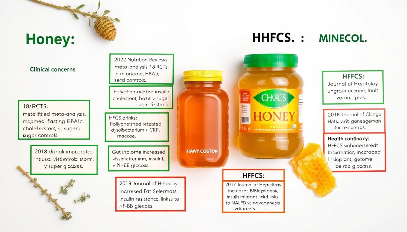 Honey vs HFCS health research — honey with 2022 meta-analysis evidence vs HFCS with liver damage and heart disease risk
