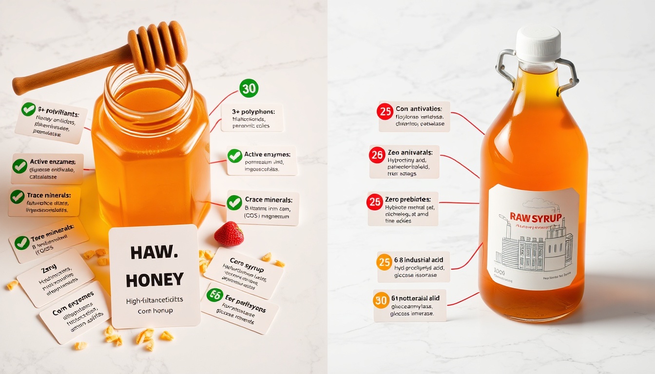Raw honey vs HFCS nutrition — honey with polyphenol, enzyme, prebiotic cards vs corn syrup with zero-antioxidant cards