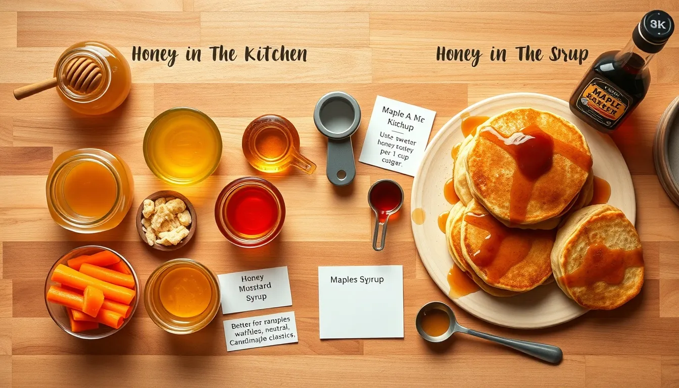 Kitchen flat lay showing honey and maple syrup used in different cooking contexts — honey for marinades and dressings, maple syrup for pancakes and baking