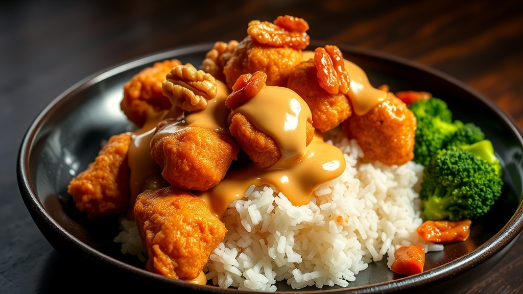 Restaurant-style plate of honey walnut chicken: golden crispy battered pieces coated in creamy honey-mayo sauce, topped with amber candied walnuts over jasmine rice