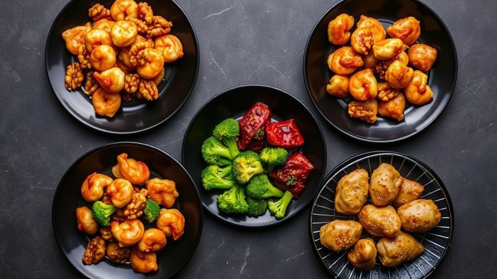 Five dark plates of honey walnut chicken variations: shrimp version, air fryer, spicy with chili drizzle, broccoli-and-chicken, and baked on wire rack