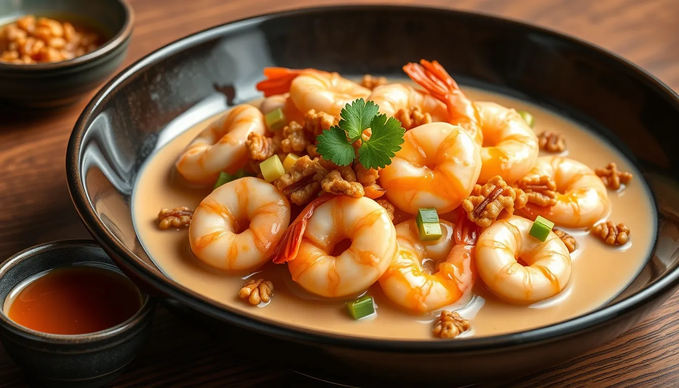 Restaurant-quality honey walnut shrimp with creamy honey sauce and candied walnuts in dark ceramic bowl