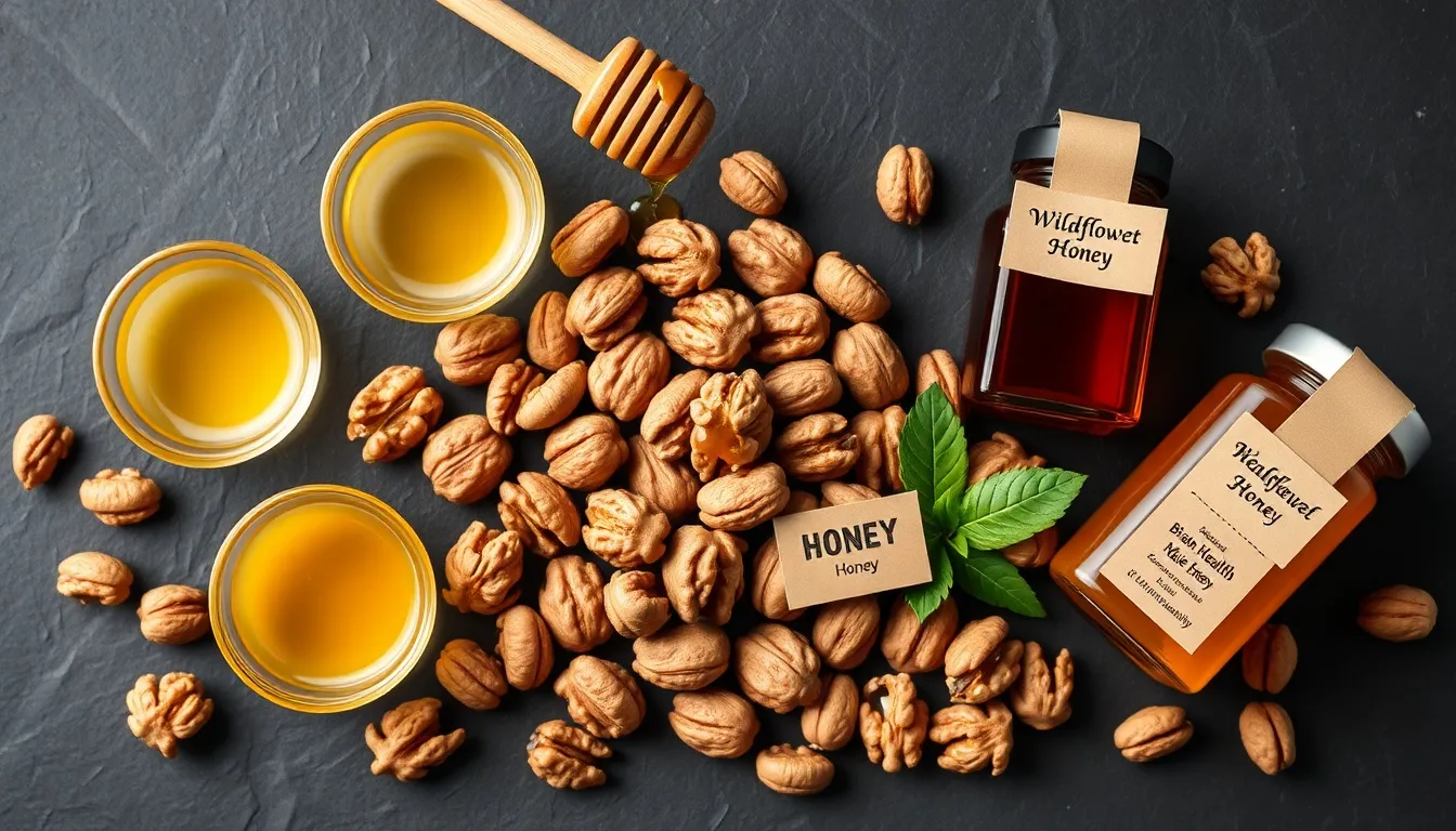 Five honey varieties arranged around walnut halves showing pairings for different health goals