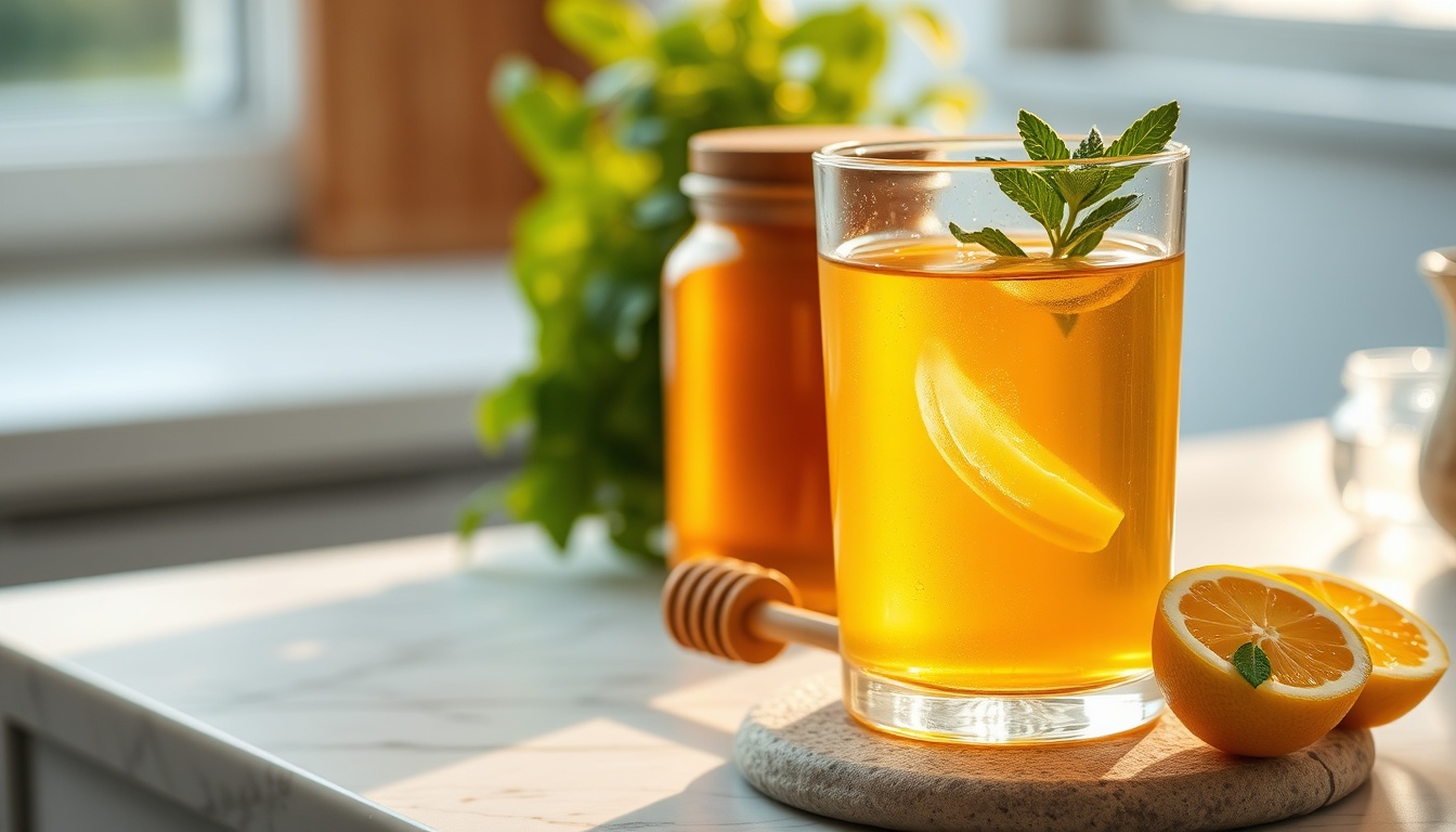 Serene morning honey water ritual with warm glass of honey water, raw honey jar, fresh lemon, and mint in golden window light