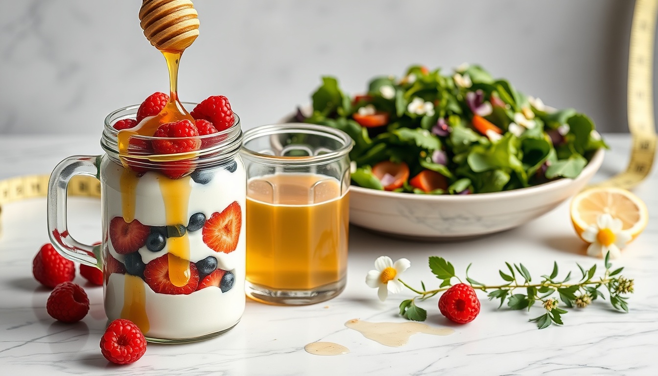 Wellness meal prep with honey drizzled Greek yogurt parfait, honey lemon water, and mixed greens salad with honey vinaigrette on white marble surface