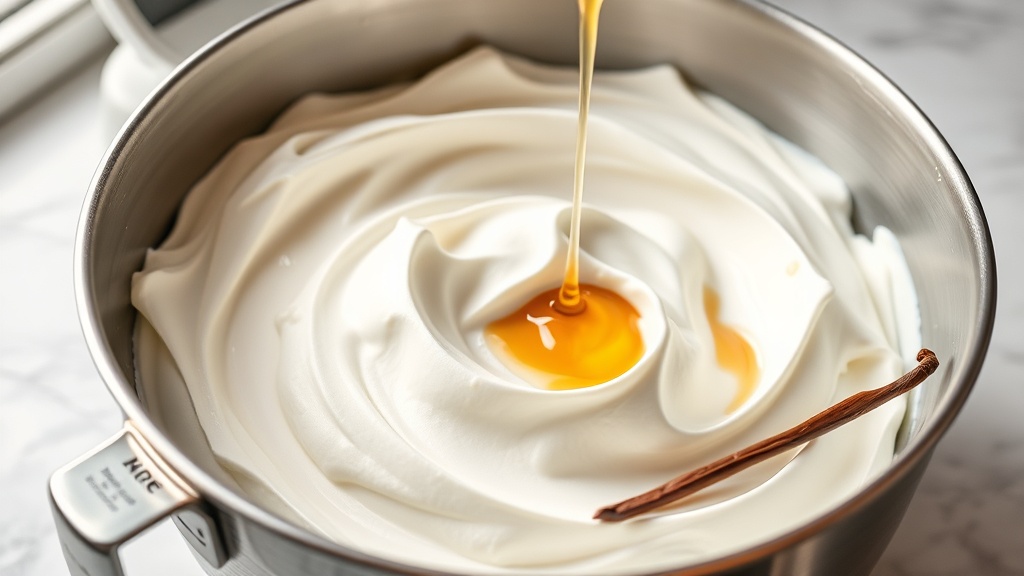 Freshly whipped honey cream in a chilled stainless steel bowl with soft billowing peaks and a golden honey drizzle