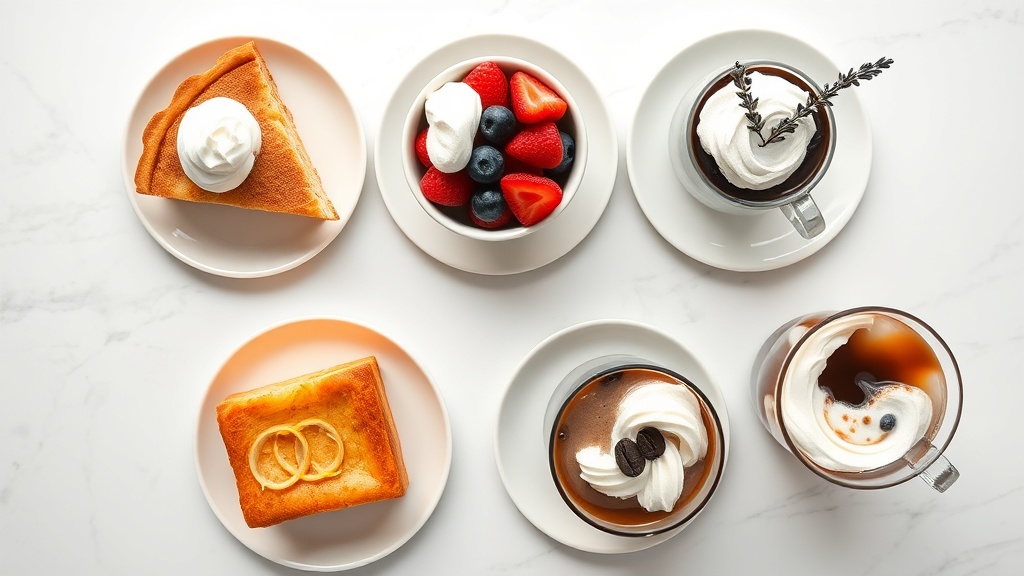 Five dessert servings each topped with a distinct honey whipped cream variation: cinnamon on apple pie, lavender on berries, cocoa on hot chocolate, citrus on cornbread, espresso on iced coffee