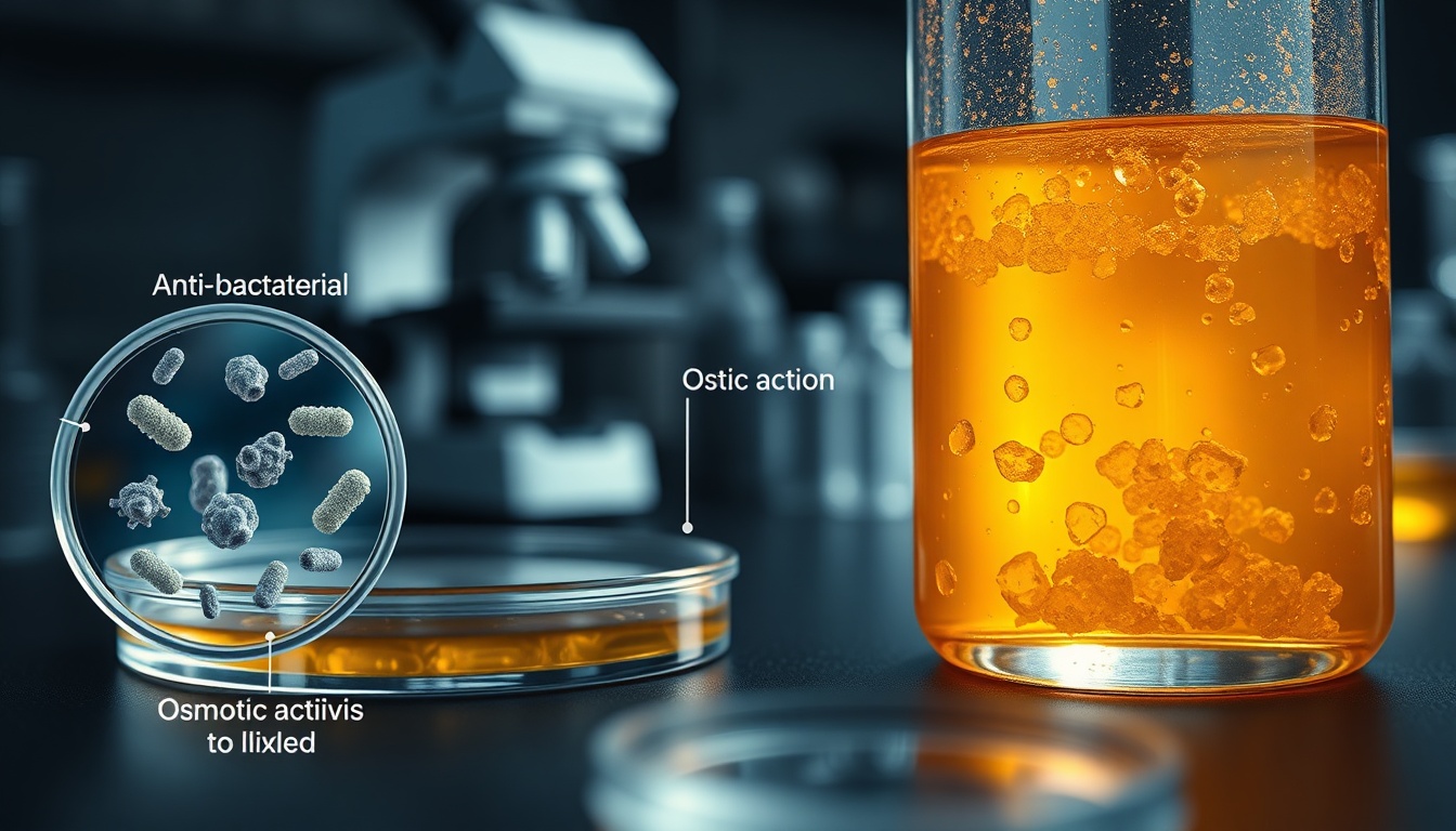 Scientific visualization showing golden honey in glass beaker with crystalline structures, microscope slide, and petri dish illustrating antibacterial wound healing activity in laboratory setting