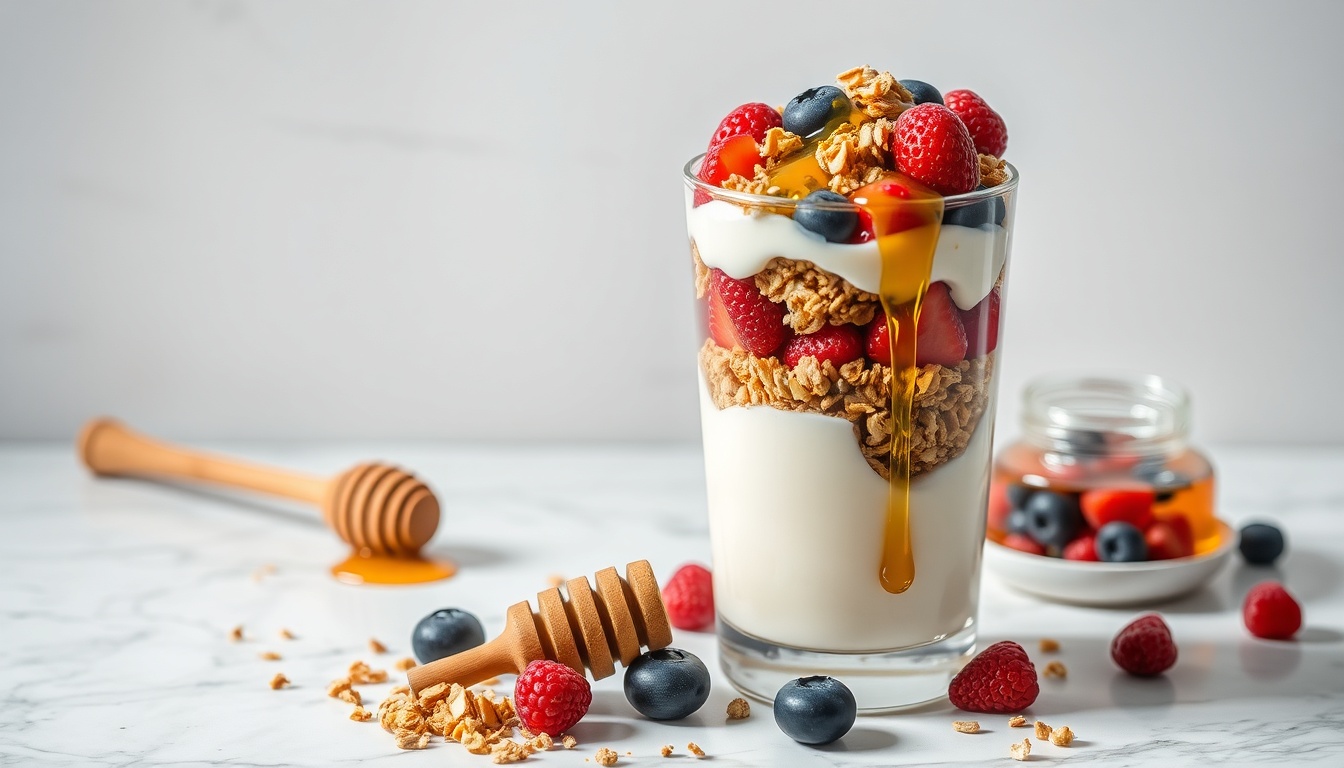 A perfectly assembled honey yogurt parfait in a tall clear glass showing distinct layers of Greek yogurt, honey granola, and fresh mixed berries with a honey drizzle on top