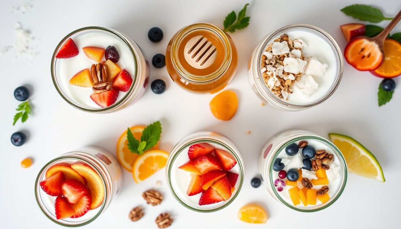 Five seasonal honey yogurt parfait combinations in glass jars — spring berry, summer stone fruit, autumn harvest, winter citrus, and tropical variations