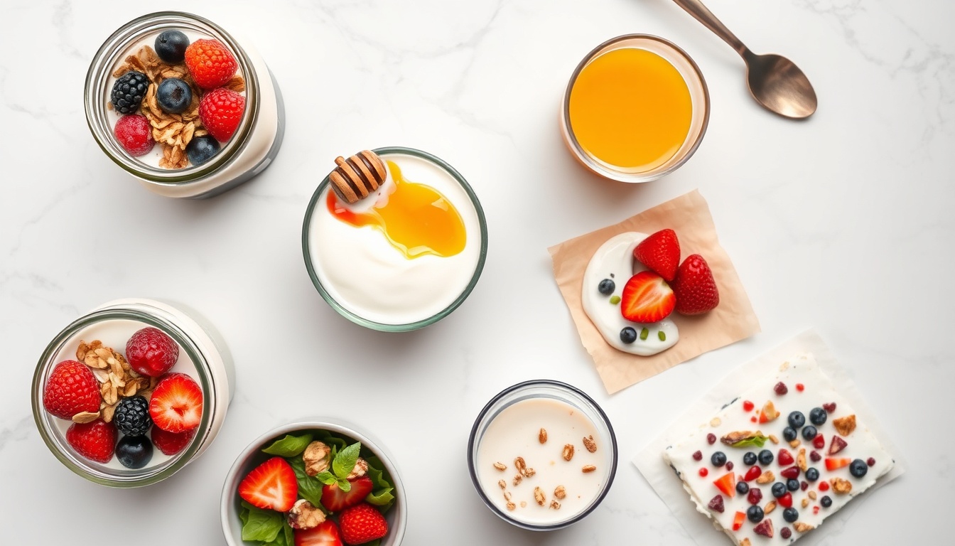 Five honey and yogurt recipes — parfait, face mask, smoothie, salad dressing, and frozen yogurt bark arranged on white marble