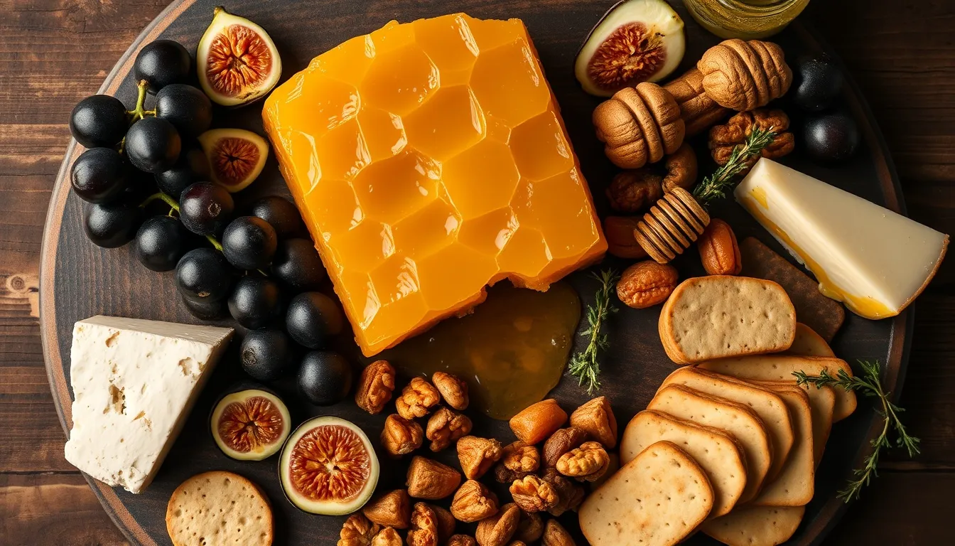 Artisan honeycomb and cheese board with aged cheeses, fresh figs, grapes, walnuts, and honey drizzle on rustic wood