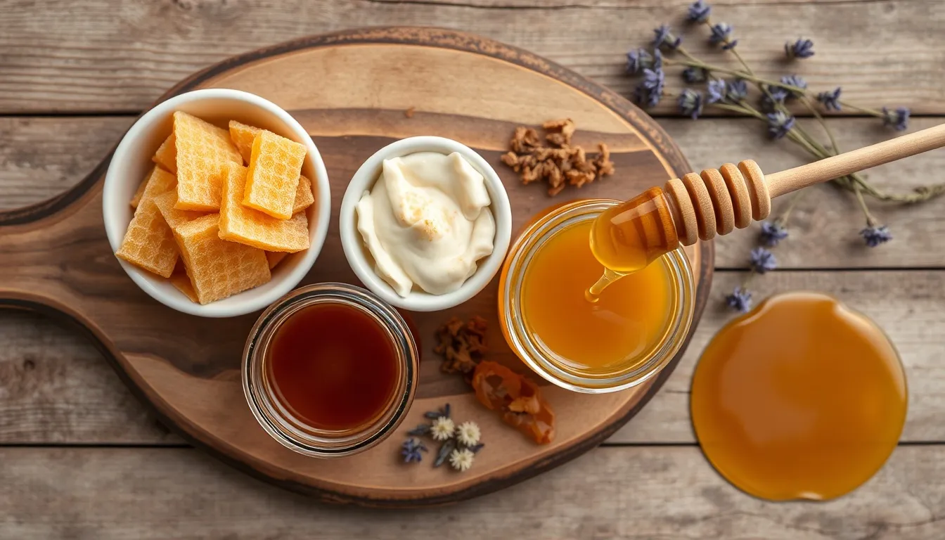 Overhead flat lay of different honey forms: raw comb honey, creamed honey, dark buckwheat, and golden liquid honey on rustic board