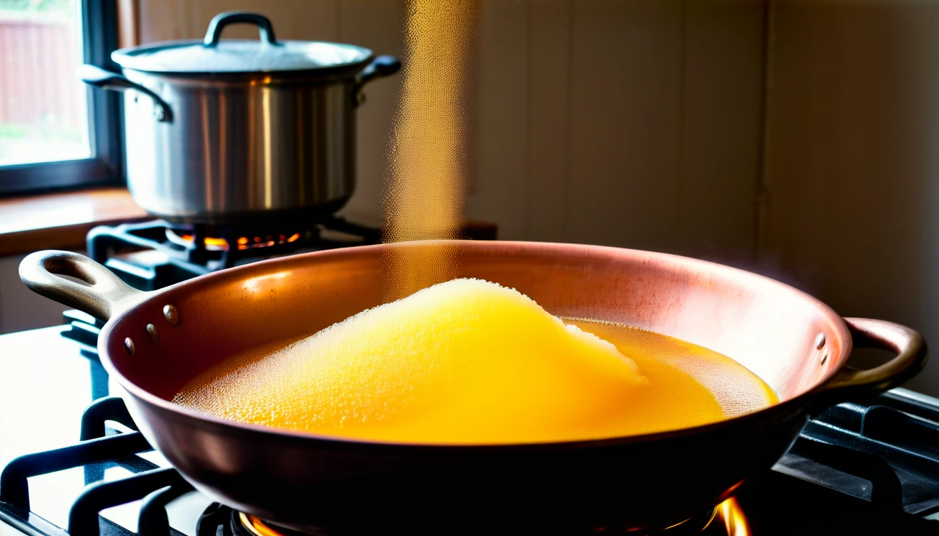Golden candy foam rising in a copper pan on a gas stove as baking soda is tipped in