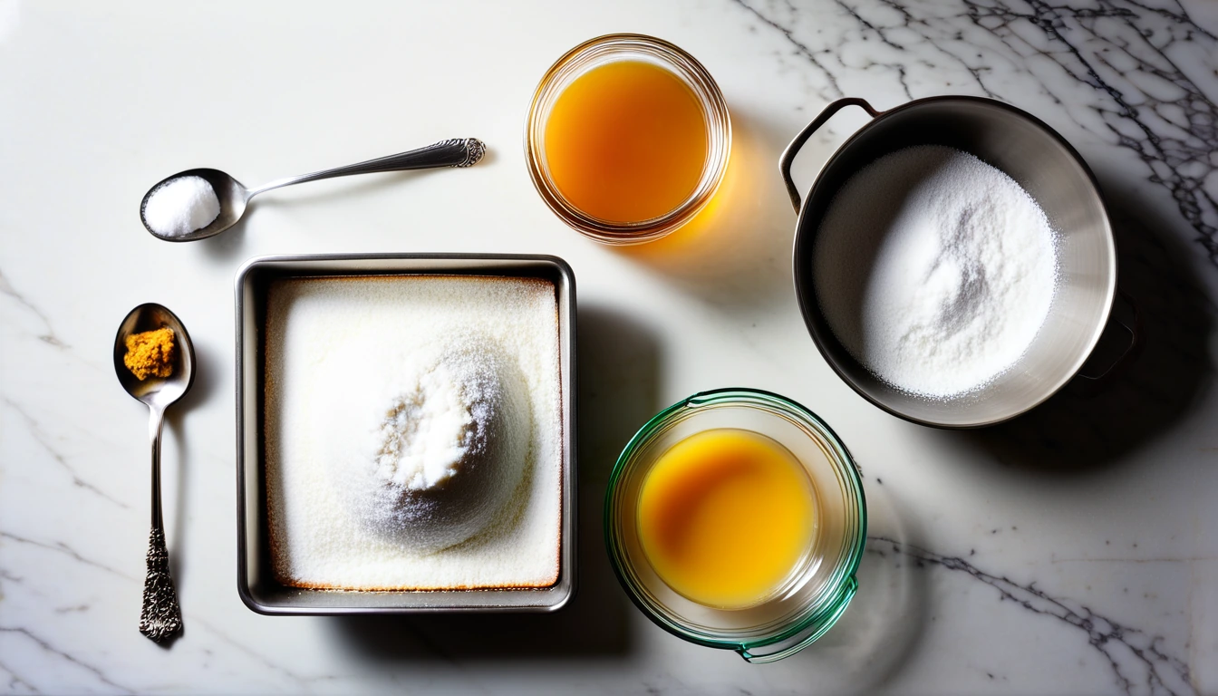 Bowl of sugar, open jar of honey with a spoon, small dish of baking soda, a saucepan and a lined square tin on a counter