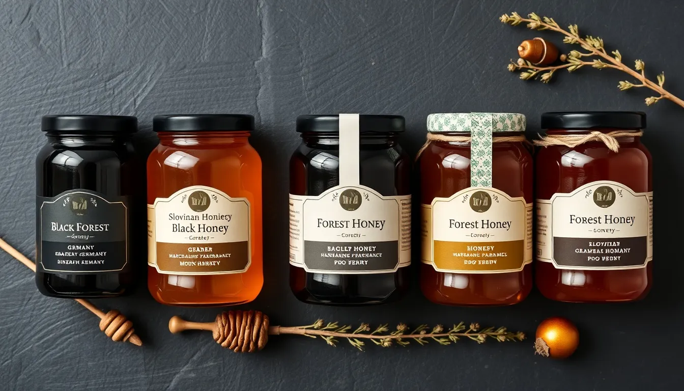 Five honeydew honey varieties from different European forests — Black Forest fir, Greek pine, Slovenian forest, Corsican maquis, and New Zealand beech — arranged on dark slate