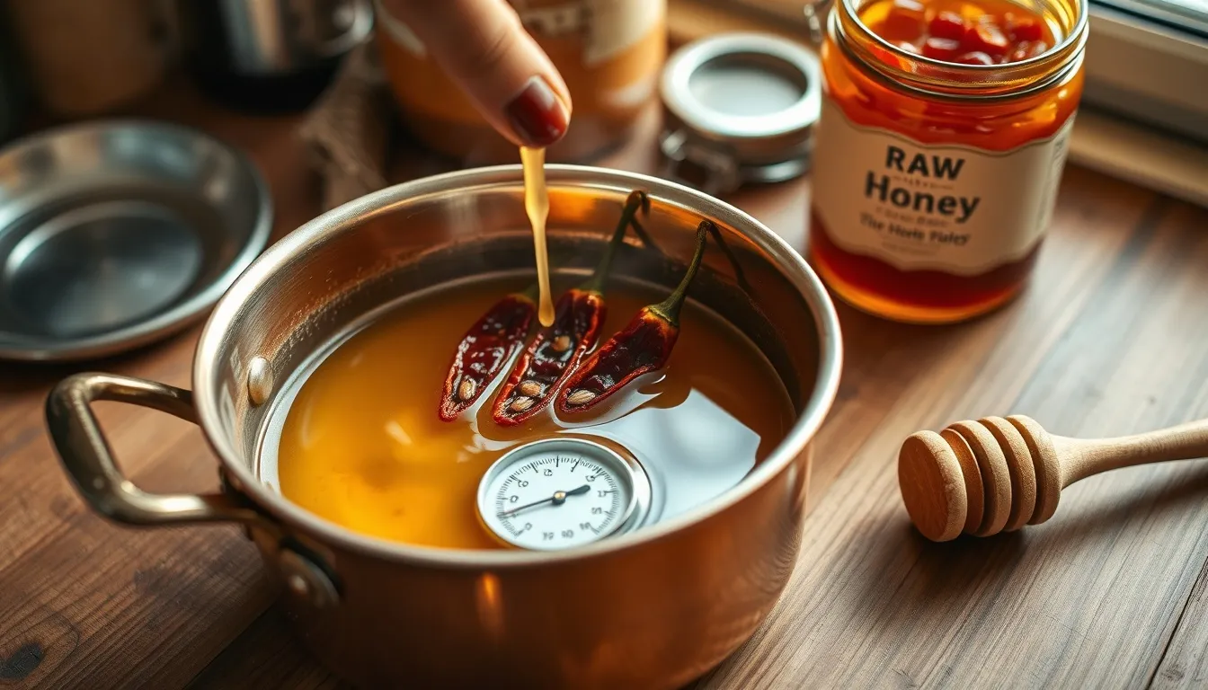 Hot honey being made in a copper saucepan with dried chili peppers steeping in golden wildflower honey at low heat