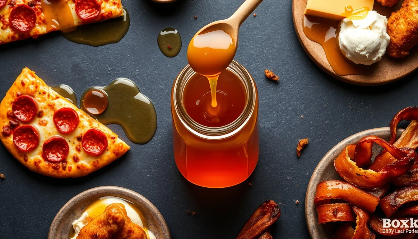 Six of the most popular hot honey uses: pizza drizzle, fried chicken, cheese board, ice cream, roasted brussels sprouts, and candied bacon arranged around a mason jar of hot honey
