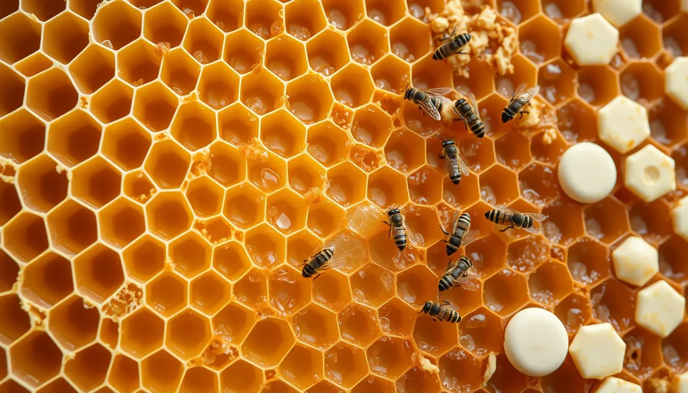 Cross-section of honeycomb showing progressive stages from empty wax cells to capped honey, with bees visible on the comb