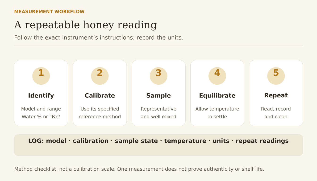 Workflow: identify model, calibrate, prepare a representative sample, equilibrate temperature, repeat and record