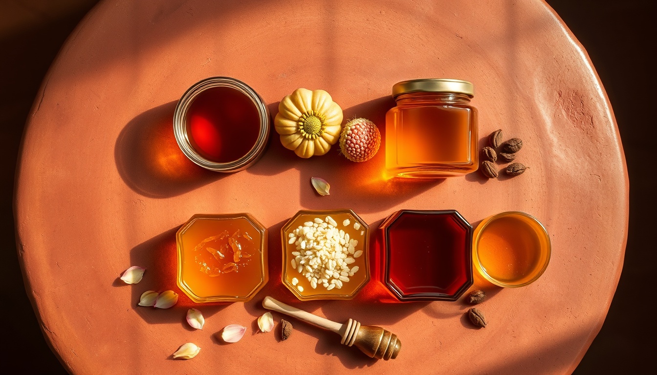 Elegant flat lay of six Indian honey varieties on terracotta surface — Kashmir wildflower honey (pale gold), Bihar litchi honey (transparent golden), Sundarbans mangrove honey (dark amber), crystallized mustard honey (creamy white), ajwain carom honey (golden brown), sidr beri honey (amber) — with lotus petals, dried carom seeds, litchi fruit, and brass honey dipper