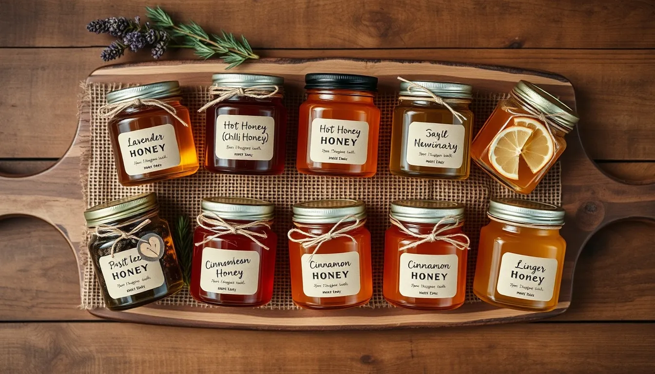 Infused honey gift collection — eight small glass jars of lavender, hot honey, garlic, vanilla bean, cinnamon, rosemary, ginger, and lemon honey with hand-written labels on rustic wood