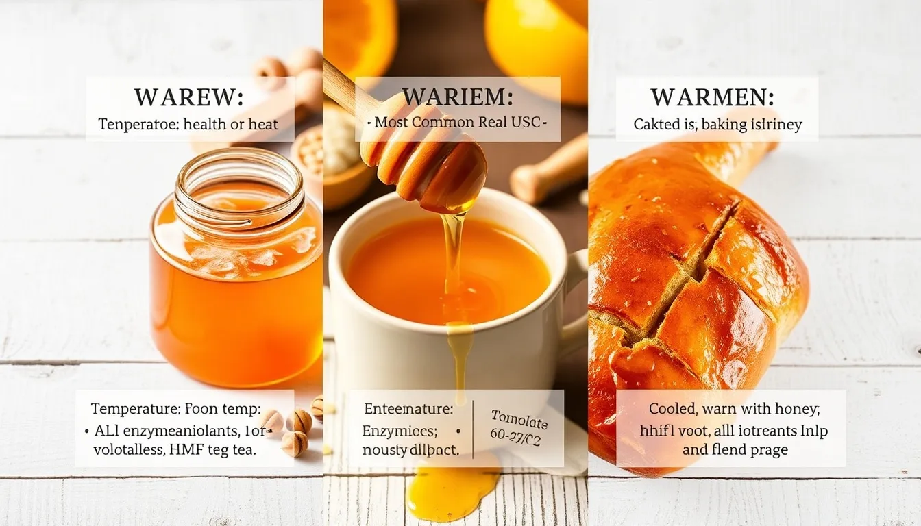 Three-column practical guide showing raw honey for maximum health benefits, warm honey tea for everyday use, and baked honey glazed salmon for cooking — with safety verdict cards