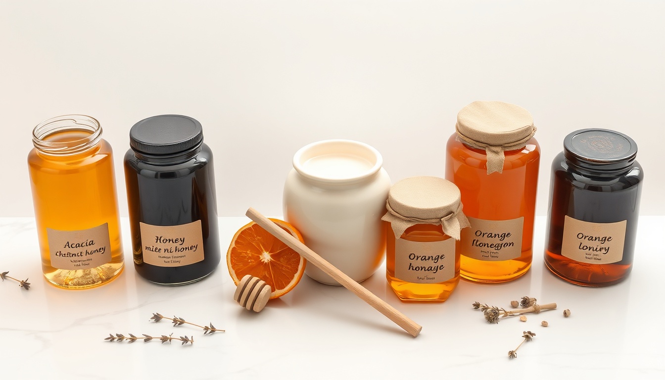Elegant flat-lay of five Italian honey varieties on white Italian marble — left to right: water-clear acacia honey in a glass jar, dark near-black chestnut honey, pale white sulla honey in a small ceramic pot, amber orange blossom honey with a dried orange slice, and very dark forest honeydew honey, with a wooden dipper and scattered dried wildflowers arranged artistically