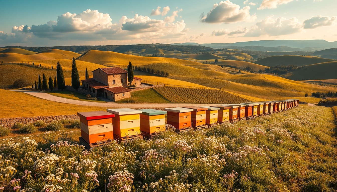 Sweeping aerial view of Tuscan hillside in spring bloom — rolling hills covered in wildflowers, cypress rows, and chestnut woodland, with traditional terracotta-roofed farm buildings and white Langstroth beehives arranged in a sunny clearing, warm golden Italian morning light