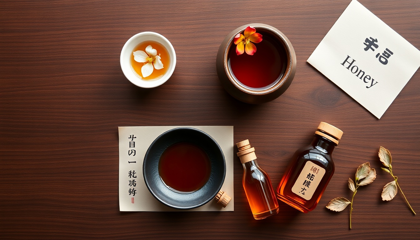 Elegant artisan flat lay of four Japanese honey varieties on a polished dark wood surface with Japanese ceramic bowls and chopsticks — a small porcelain jar of pale water-white acacia honey, a ceramic crock of amber tochi (horse chestnut) honey, a small bowl of dark near-black soba buckwheat honey, and a rustic vessel of dark complex Nihon mitsubachi native bee honey, fresh horse chestnut blossoms, buckwheat flowers, and a washi paper label with Japanese calligraphy, warm natural Japanese aesthetics, professional food photography, minimalist composition