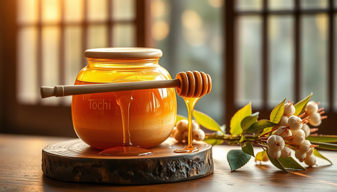 Artisan product photography of Japanese tochi honey — a wide-mouth ceramic jar of golden amber tochi honey (Japanese horse chestnut) placed on a polished zelkova wood board with Japanese ceramics, fresh Aesculus turbinata horse chestnut blossoms arranged beside the jar showing the upright white flower spikes, Japanese lacquerware honey spoon, natural forest light filtering through a shoji screen in the background, elegant Japanese minimalist aesthetic, professional food photography