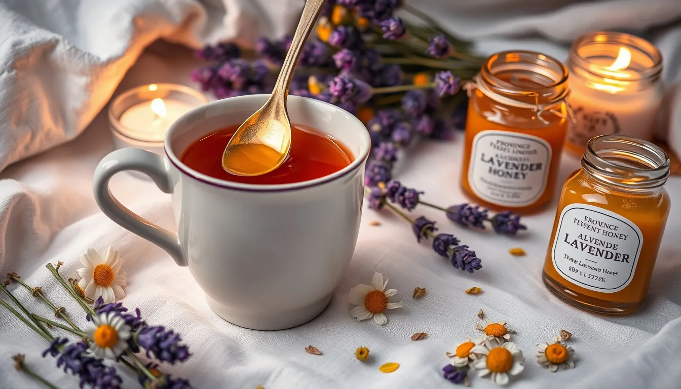 Lavender honey chamomile bedtime — mug of tea with honey, lavender sprigs, chamomile, Provence jar in candlelight