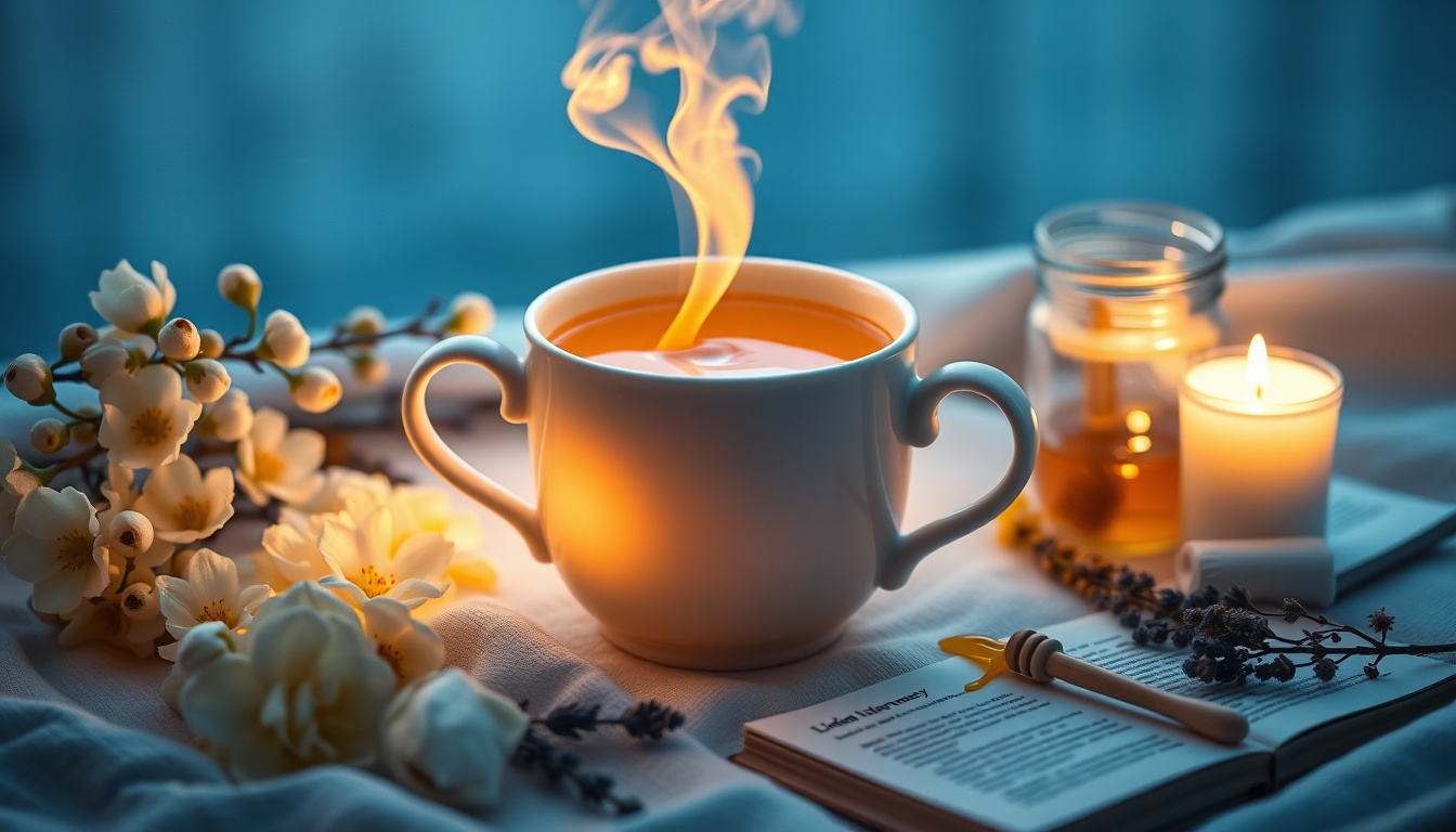 Serene bedtime scene with linden honey dissolving in warm chamomile tea, fresh linden blossoms, candle, and calming sleep ritual items