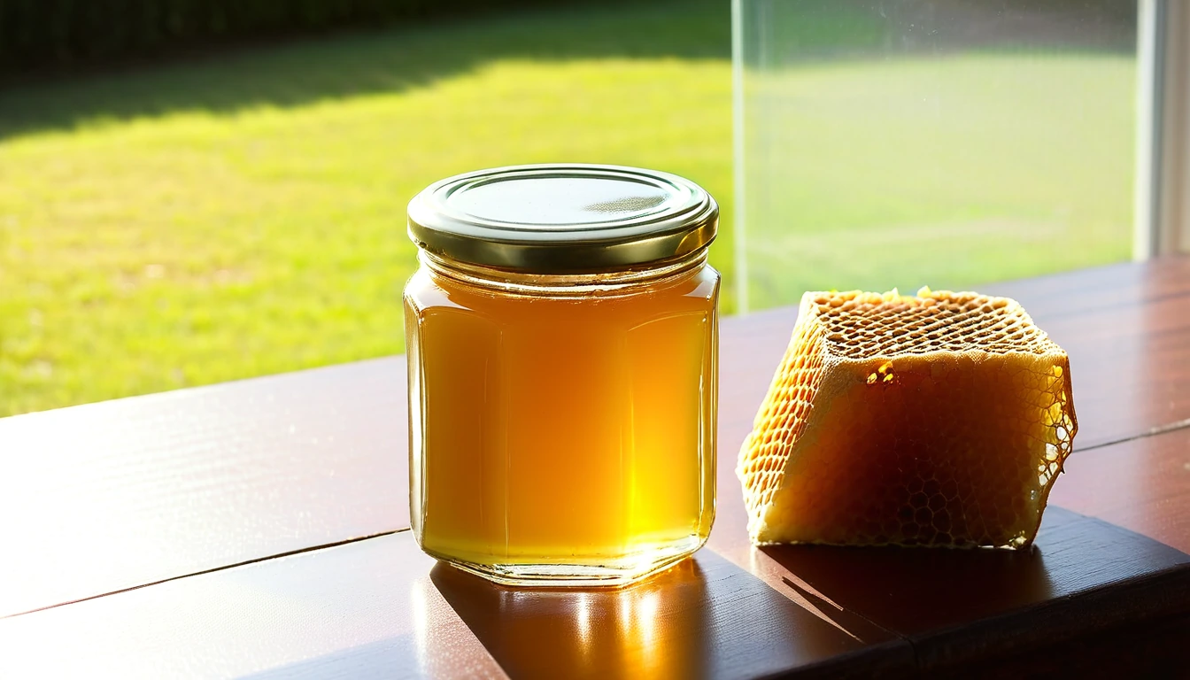 Unlabeled jar of pale golden linden honey with a piece of light honeycomb on pale wood