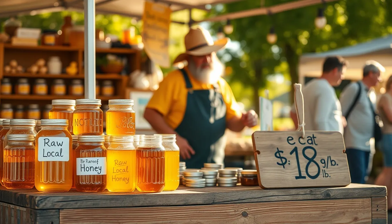 Charming farmers market honey stand with artisan glass jars in various amber shades, hand-lettered Raw Local Honey sign in warm morning sunlight
