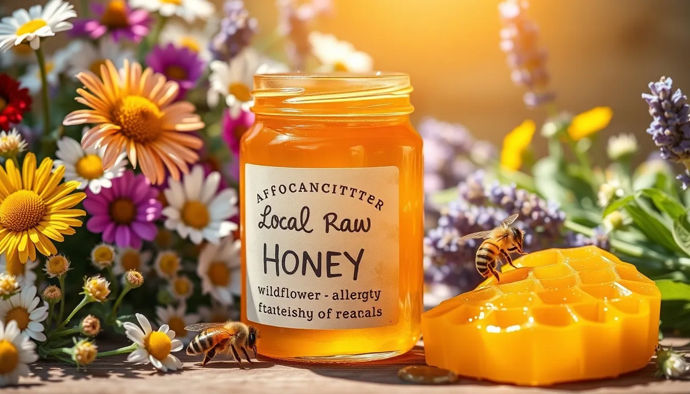 Raw honey jar with handwritten label amid spring wildflowers and a foraging bee on a sunlit rustic wooden surface