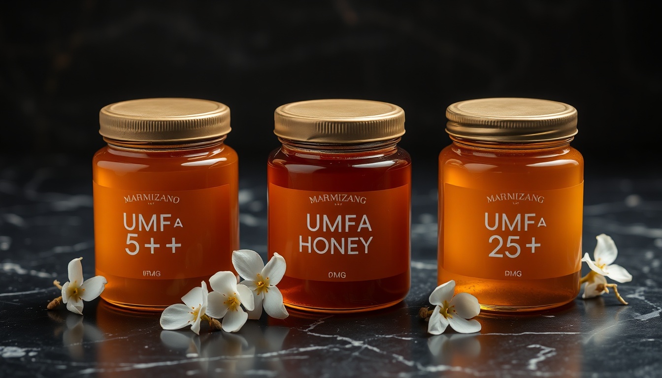 Three Manuka honey jars showing UMF 5+, UMF 15+, and UMF 25+ ratings arranged on dark marble, each showing progressively darker amber color