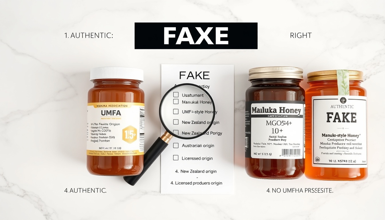 How to identify authentic vs fake Manuka honey: authentic jar with UMF certification and New Zealand origin versus counterfeit jar with vague claims