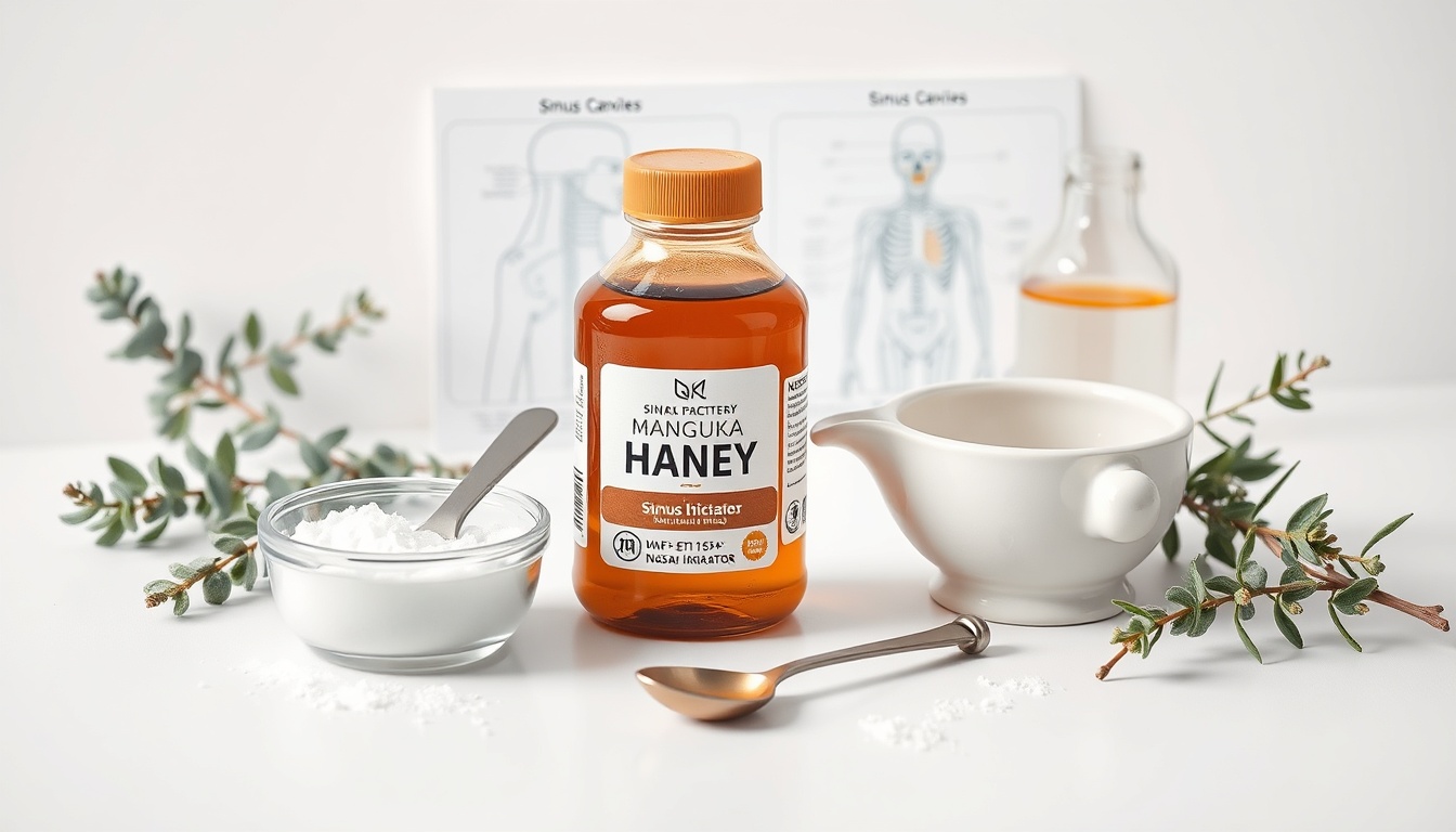Natural sinus care tools including manuka honey UMF 15+, ceramic neti pot, salt, and eucalyptus on a clean white surface
