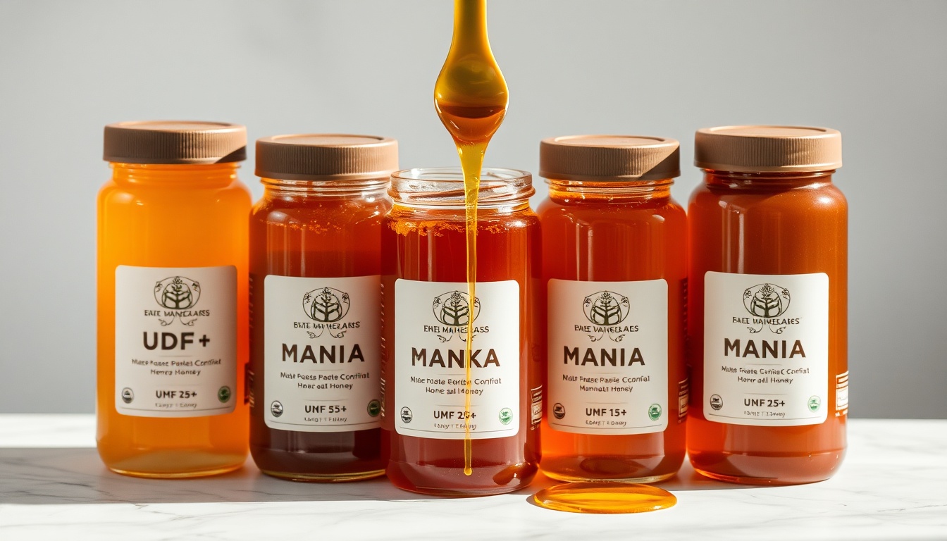 Manuka honey jars arranged by UMF grade from UMF 5+ to UMF 25+, showing progressively deeper amber tones