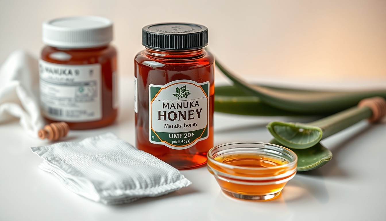 Medical-grade Manuka honey wound care supplies on clean clinical surface: UMF-labeled jar, gauze pads, and fresh aloe vera