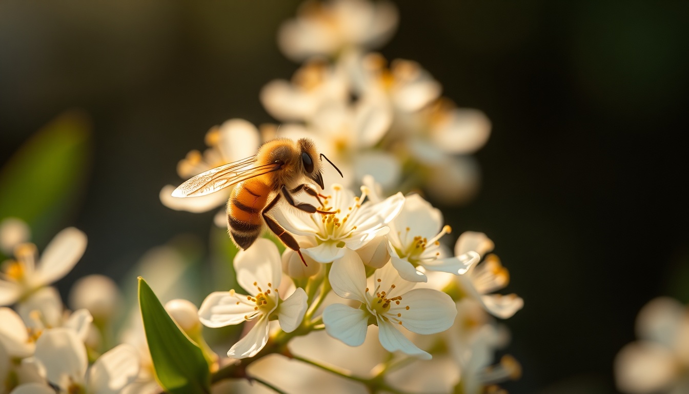 Honeybee foraging on delicate white Manuka flowers (Leptospermum scoparium) in soft morning light, showing the botanical source of authentic Manuka honey