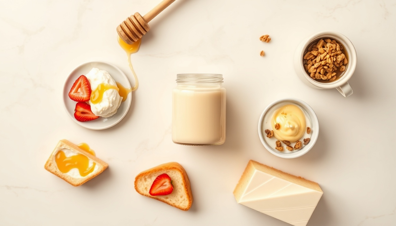 Meadowfoam honey culinary flat lay — jar, ricotta drizzle, vanilla toast, coffee, yogurt granola, honey cake on marble