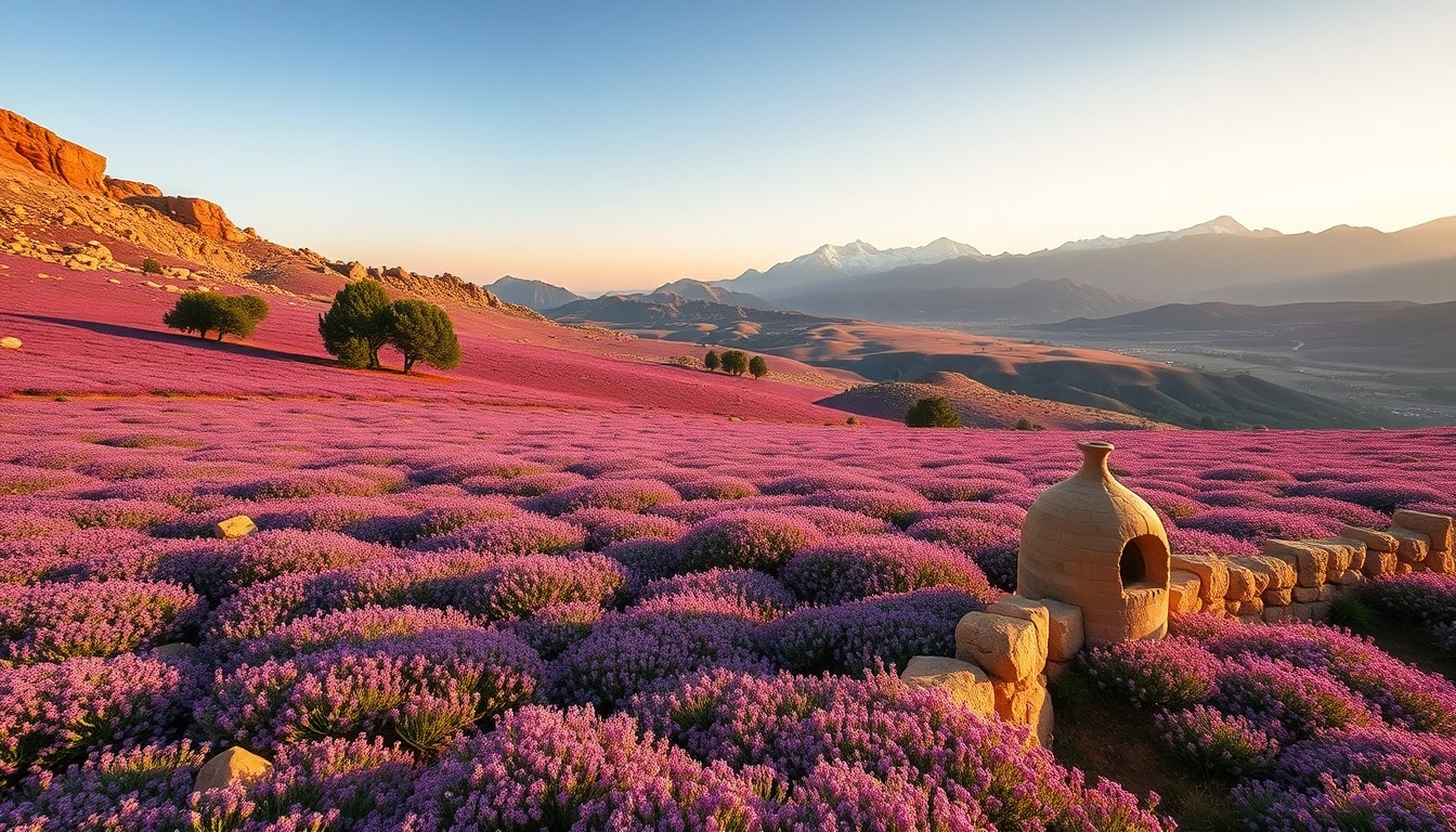 Wide-angle landscape photography of the Middle Atlas of Morocco near Ifrane — vast open limestone plateau with a dense carpet of wild thyme in full bloom creating swaths of purple and green, towering Cedrus atlantica cedar trees at the forest edge, a traditional clay tube beehive (tirzaf) on a stone wall, afternoon golden light illuminating the plateau, dramatic Atlas mountain peaks visible in the distance, documentary landscape photography style, rich warm tones