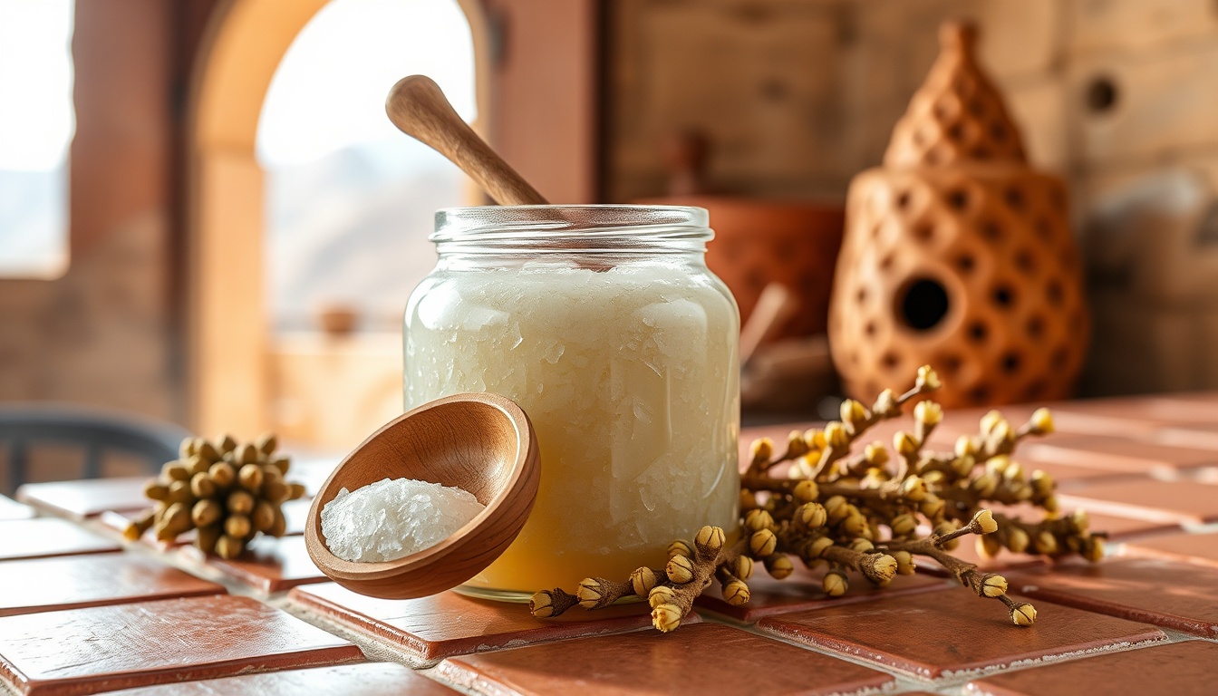 Artisan product photography of Moroccan euphorbia honey — a wide-mouth glass jar of brilliant white crystallized euphorbia honey from the Anti-Atlas, placed on rustic Moroccan terracotta tiles with a carved wooden honey spoon resting across it, dried euphorbia resin spurge stems with small yellow flowers arranged beside the jar, warm Moroccan late-afternoon light, traditional carved plasterwork in the background, professional food photography, pale cream and warm terracotta tones