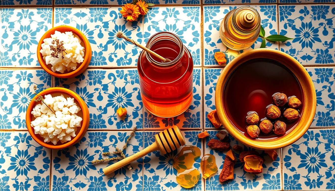Elegant artisan flat lay of three Moroccan honey varieties on blue-and-white Moroccan ceramic tiles — a terracotta pot of white crystallized euphorbia honey, a glass jar of rich amber Atlas thyme honey, and a ceramic bowl of dark amber jujube honey, with traditional Moroccan carved wooden honey dipper, dried orange blossom, honeycomb pieces, and rose petals arranged around them, warm golden natural side lighting, professional food photography
