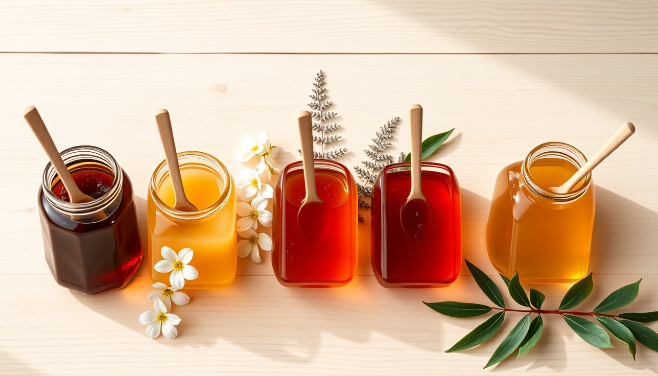 Five open glass jars of New Zealand honey varieties in a row on natural wood: very dark manuka, pale butterscotch kamahi, almost-transparent tawari, dark reddish rewarewa, and golden clover honey, with white manuka flowers and silver fern fronds arranged artistically between jars